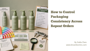 Skincare packaging consistency across repeat orders with bottles, caps, color samples and production records