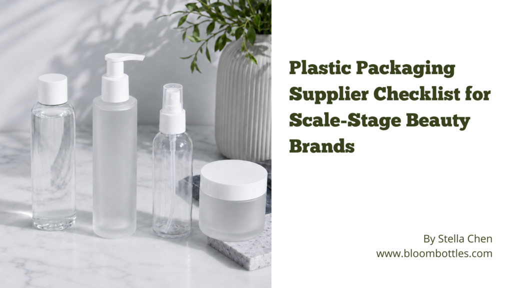 Plastic packaging supplier checklist with skincare bottles jars pumps and closures on a clean blue grey table
