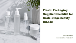 Plastic packaging supplier checklist with skincare bottles jars pumps and closures on a clean blue grey table
