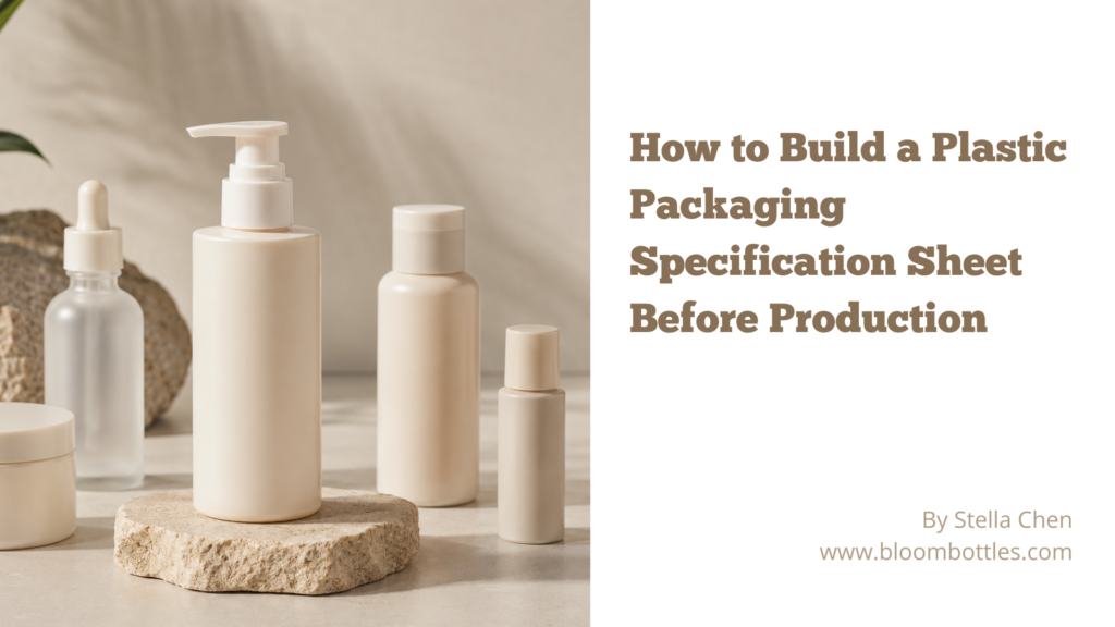 Plastic packaging specification sheet with skincare bottles jars caps pumps and production details on a clean review table