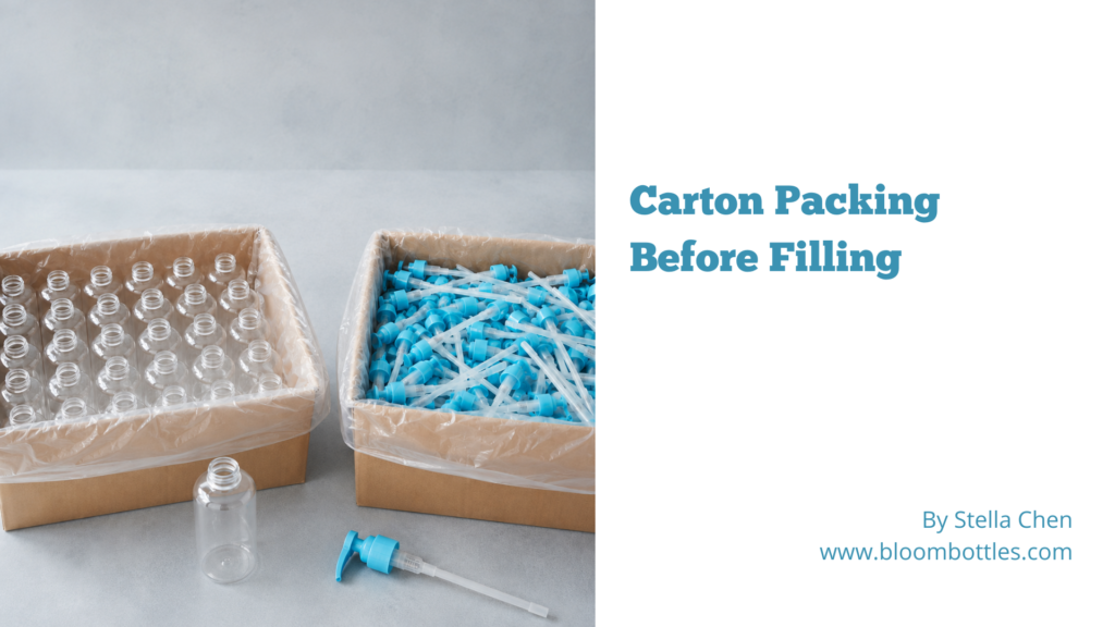 Plastic packaging carton packing with bottles jars pumps caps and shipping cartons on a clean packing table