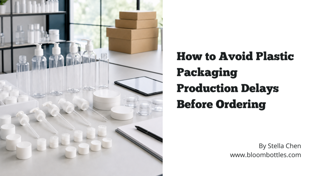 Plastic packaging production lead time planning with bottles pumps caps cartons and production schedule on a clean worktable