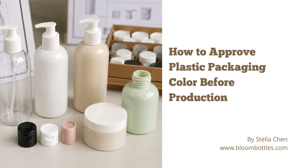 Plastic bottles and closures arranged for color approval before production