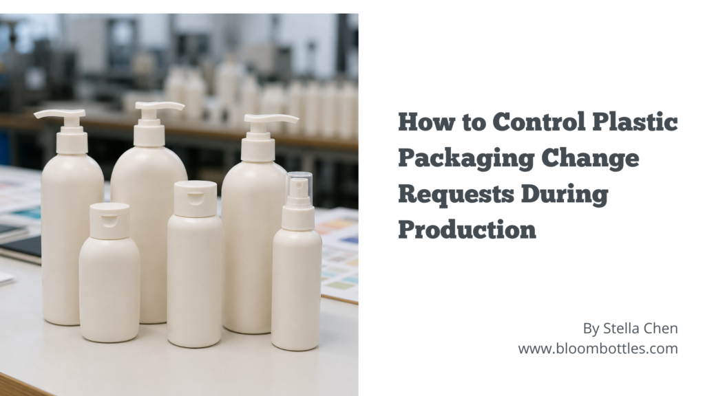 Plastic packaging production samples with bottles caps and components reviewed before production changes