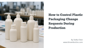 Plastic packaging production samples with bottles caps and components reviewed before production changes
