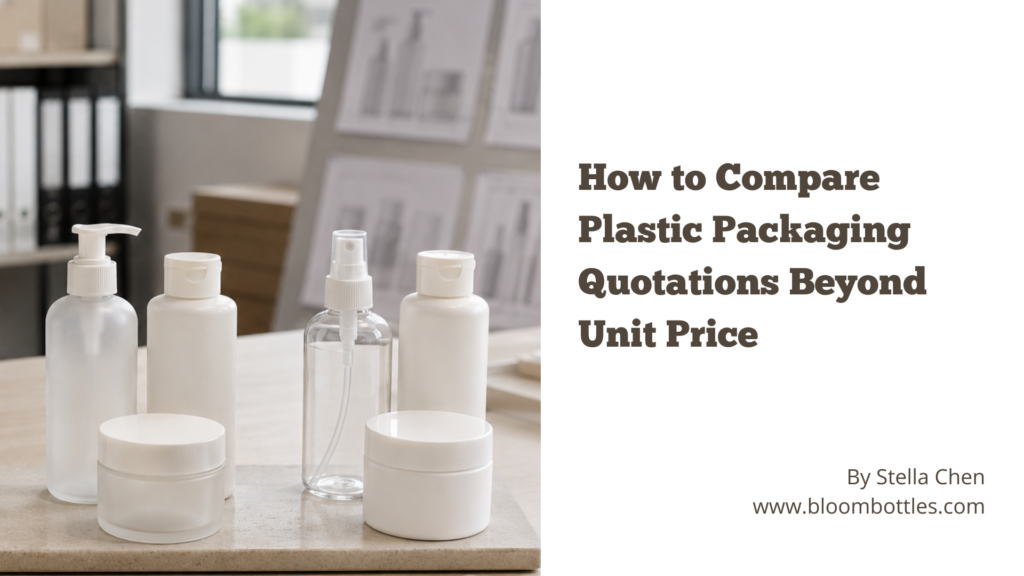 Plastic bottles jars pumps and closures arranged for quotation comparison review