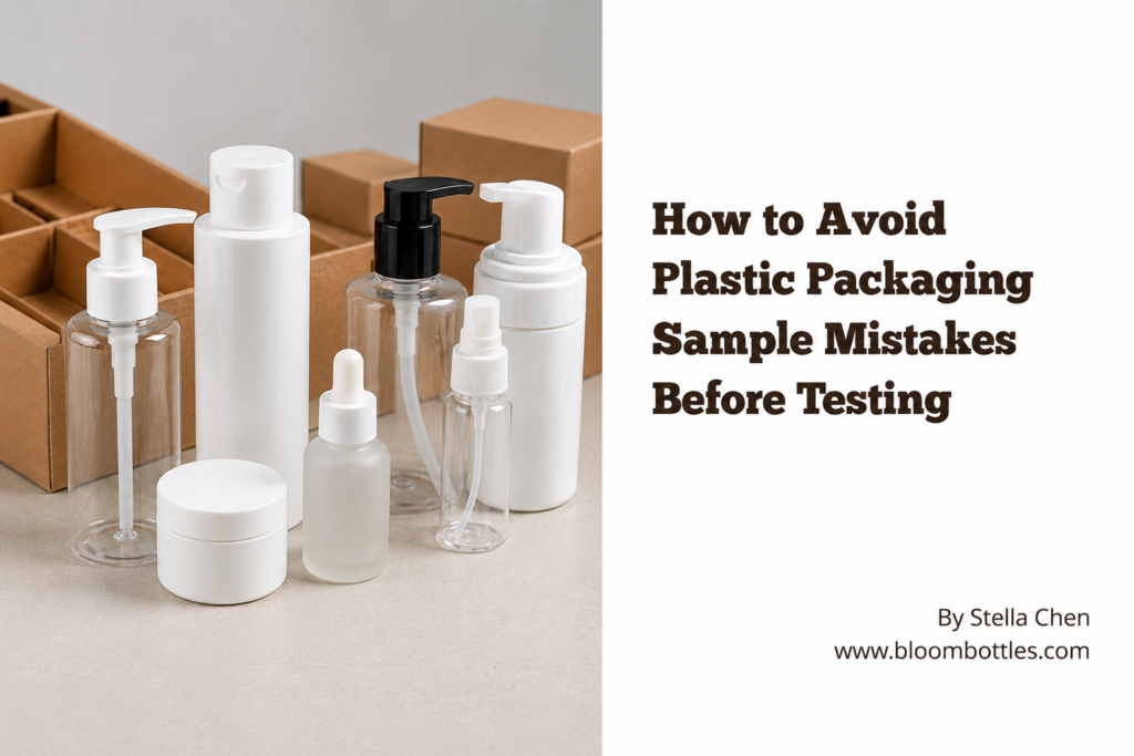 Plastic bottles, pumps and closures prepared as matched packaging samples for contract manufacturer testing