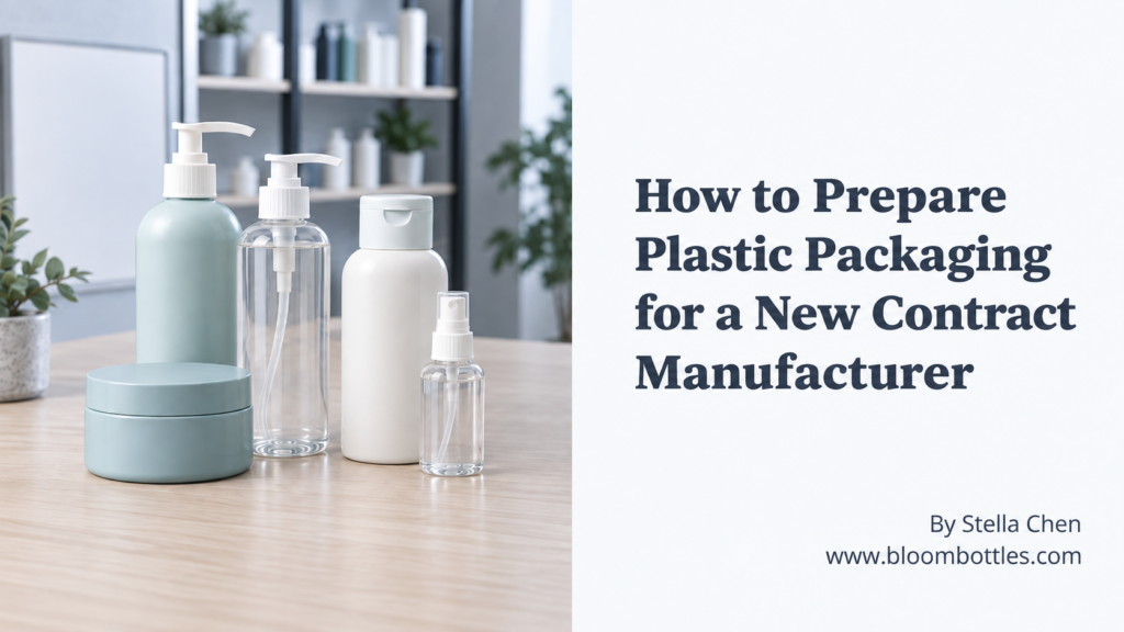 Plastic bottles, pumps and closures prepared for packaging handoff to a new contract manufacturer