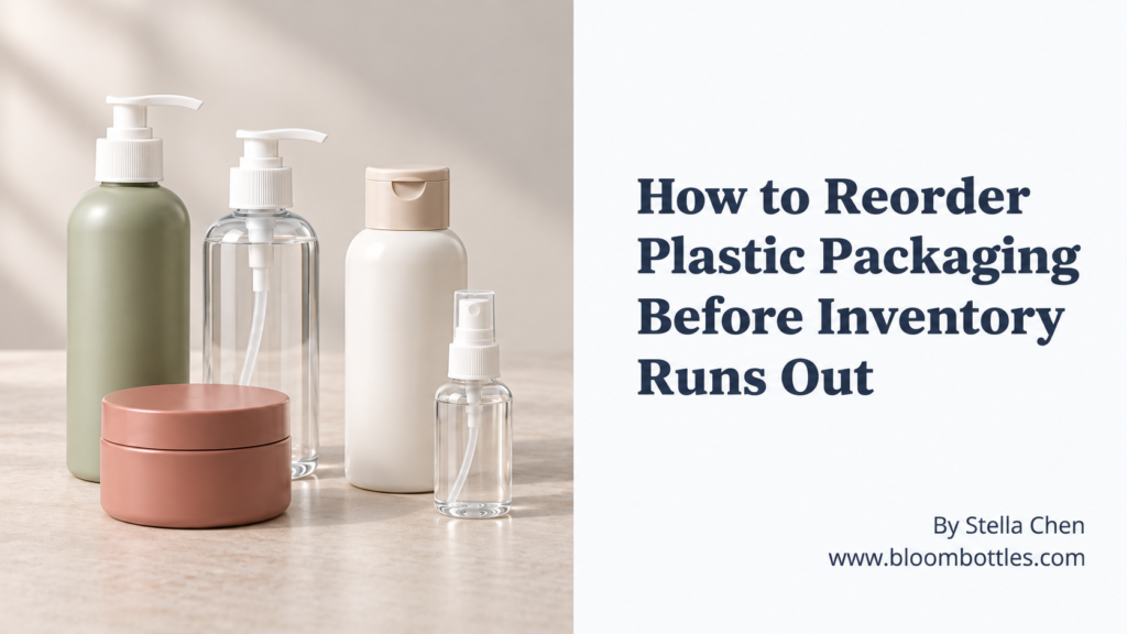 Plastic bottles and jars arranged for repeat-order inventory planning before packaging stock runs out