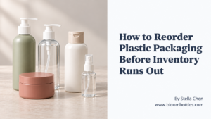 Plastic bottles and jars arranged for repeat-order inventory planning before packaging stock runs out