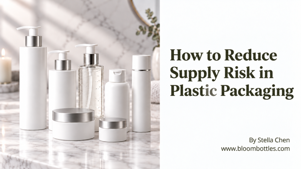 Plastic bottles, jars and pump packaging arranged to illustrate supply risk planning in plastic packaging