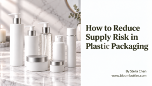 Plastic bottles, jars and pump packaging arranged to illustrate supply risk planning in plastic packaging